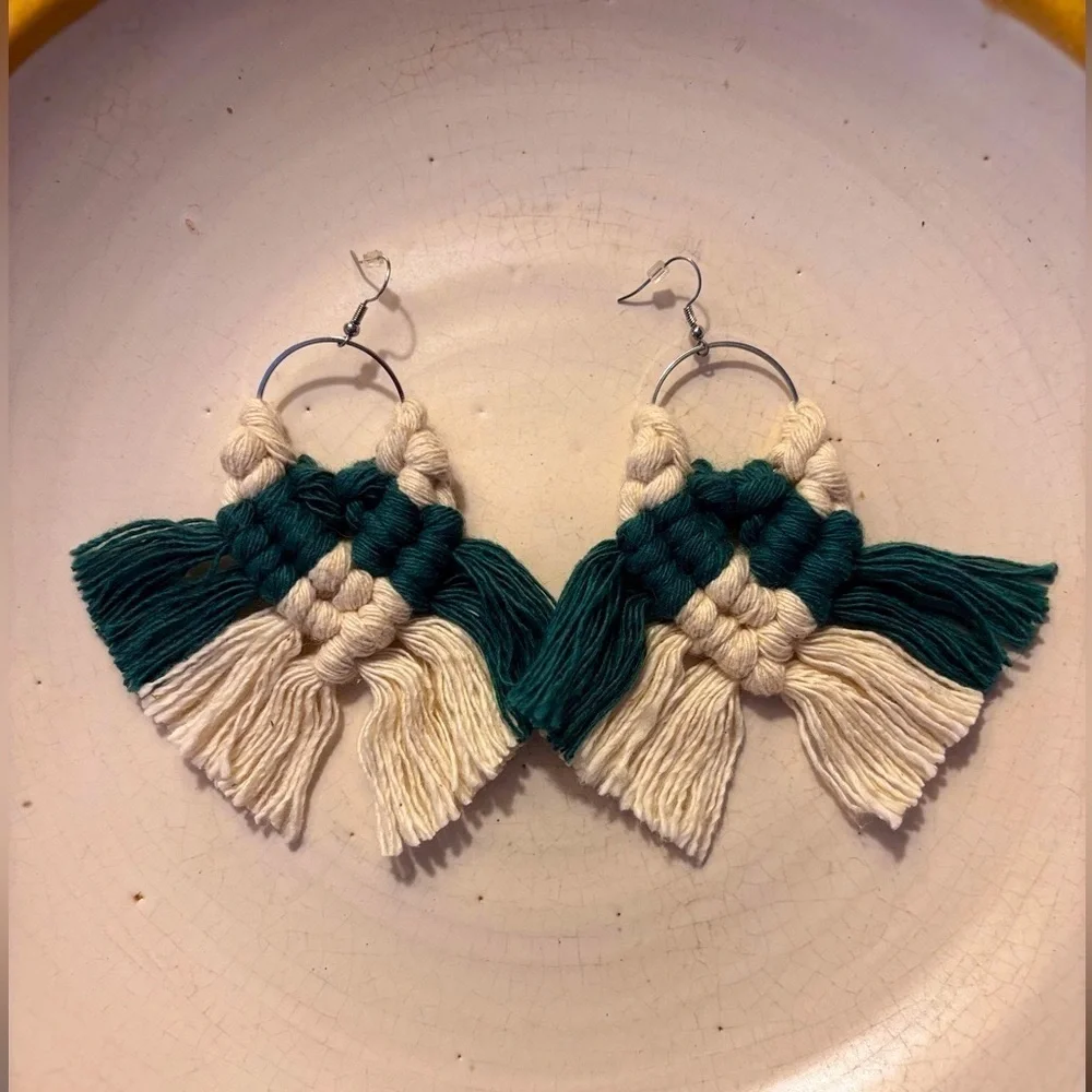 Kelly Green and Cream Macrame Earrings